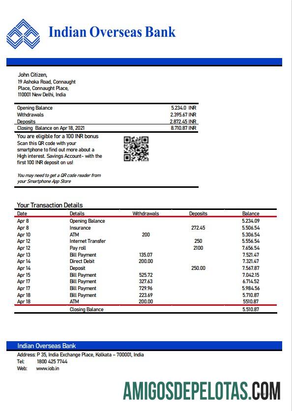Modelo realista de extrato bancário indiano no exterior da Índia, formato Word e PDF